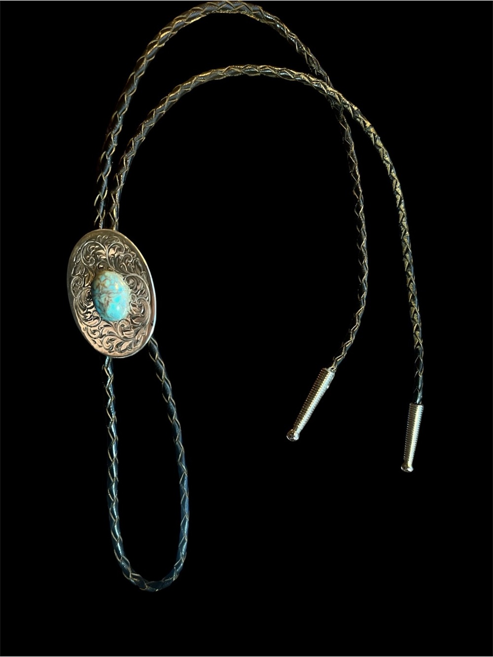 Sterling Silver Braided Black Leather Bolo Tie with Turquoise style  Stone Conch